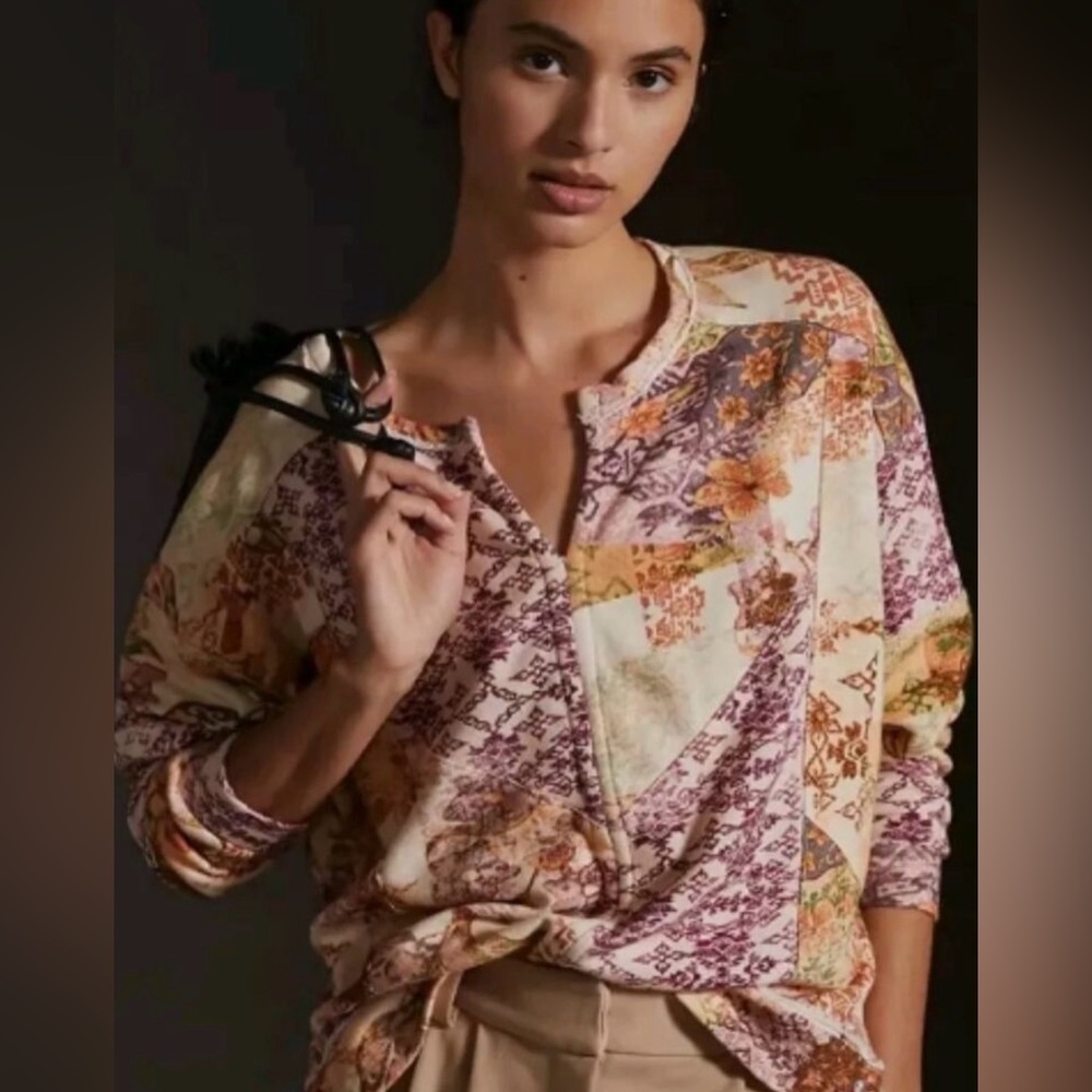 Pilcro Anthropologie Patchwork Split-Neck Sweatsh… - image 1